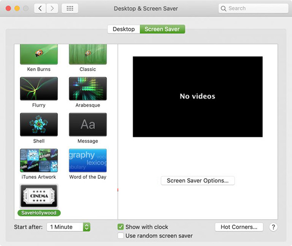 SaveHollywood Screen Saver Options