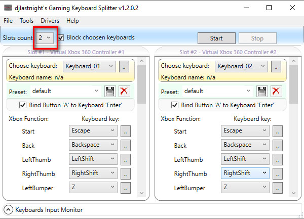  keyboard splitter control configuration