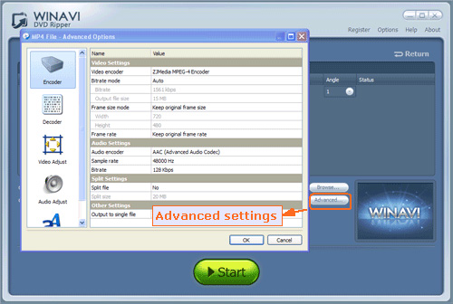 WinAVI Video Converter advanced settings
